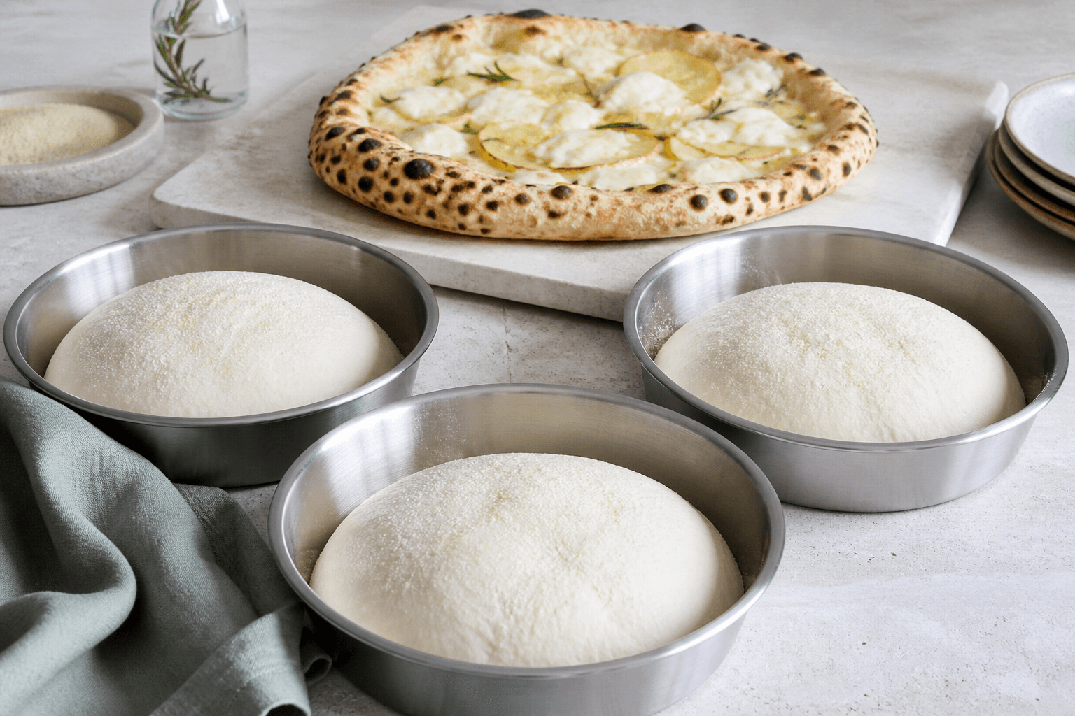 Tre luftige koldhævede pizzadejskugler i separate stålbakker foran en hvid kartoffel-rosmarinpizza med leopardprikket kant