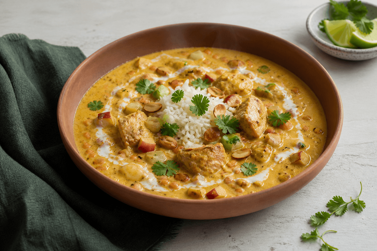 Gylden mulligatawny med gennemstegt kylling, æbletern, røde linser, kokosmælk, basmatiris, koriander, lime og mandler i terrakottaskål