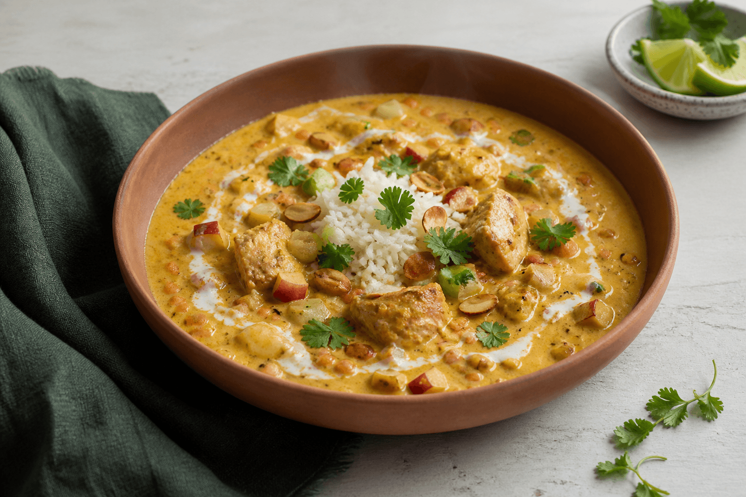 Gylden mulligatawny med gennemstegt kylling, æbletern, røde linser, kokosmælk, basmatiris, koriander, lime og mandler i terrakottaskål