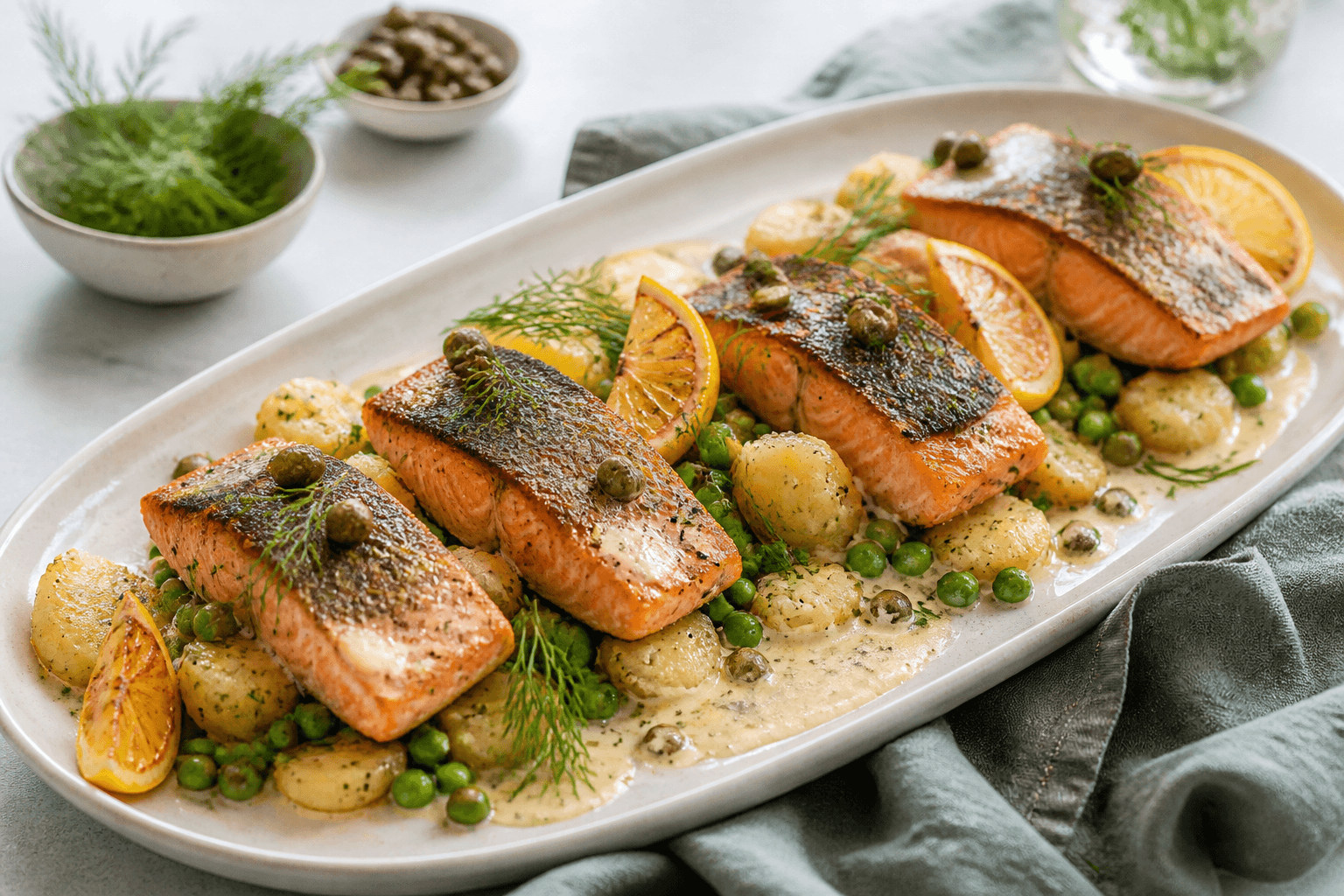 Fire sprødstegte laksefileter på langt lyst fad med knuste nye kartofler, ærter, blank citron-kaperssauce, dild og grillede citroner