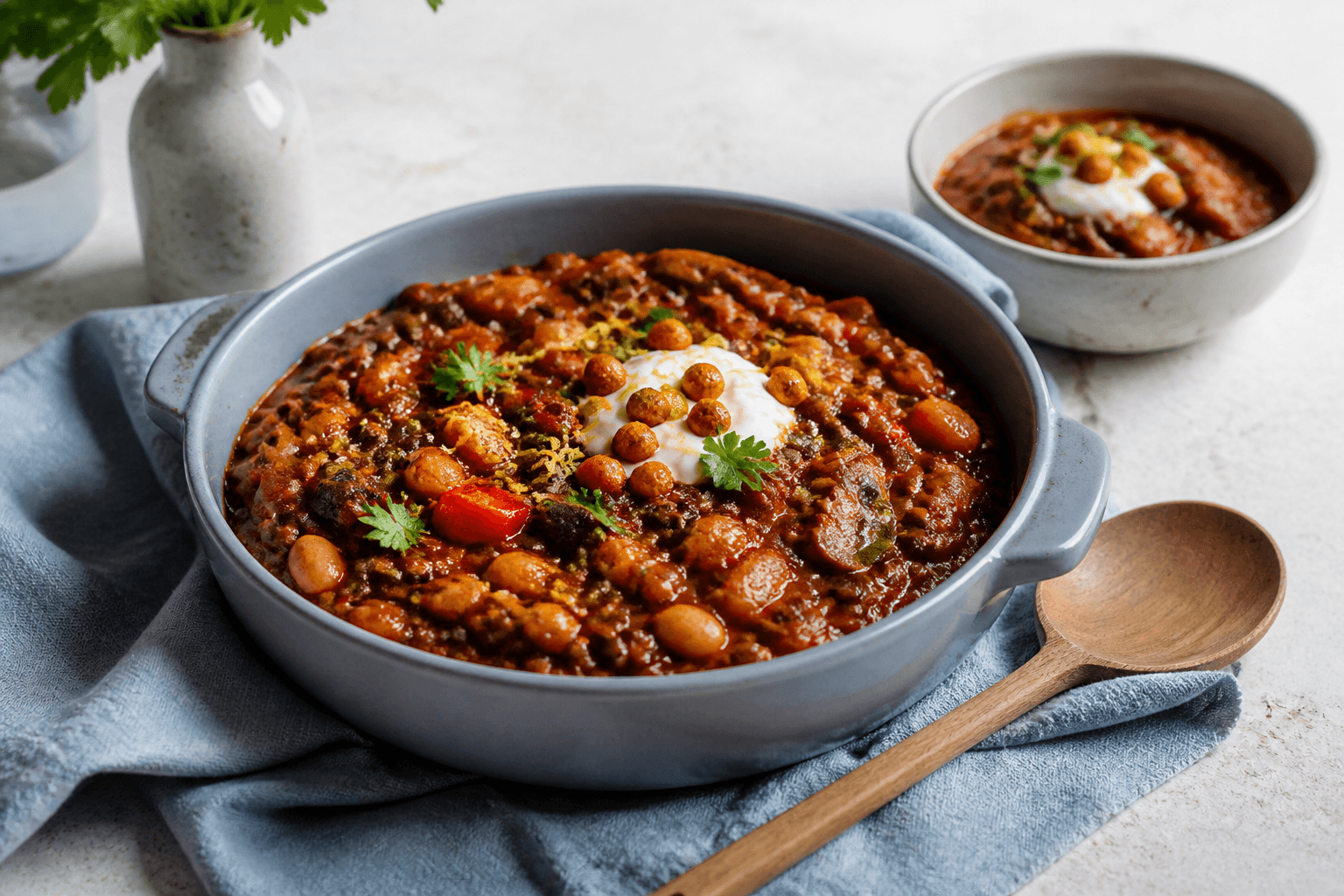 Tyk rød vegetarisk paprikagryde med belugalinser, hvide bønner, peberfrugt, svampe, creme fraiche og sprøde kikærter i blågrå gryde