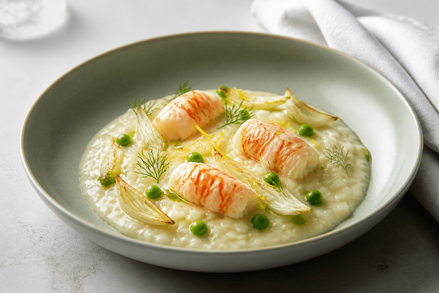 Cremet citronrisotto i celadongrøn skål med tre smørpocherede jomfruhummerhaler, ristede fennikelblade, ærter, dild og citronskal