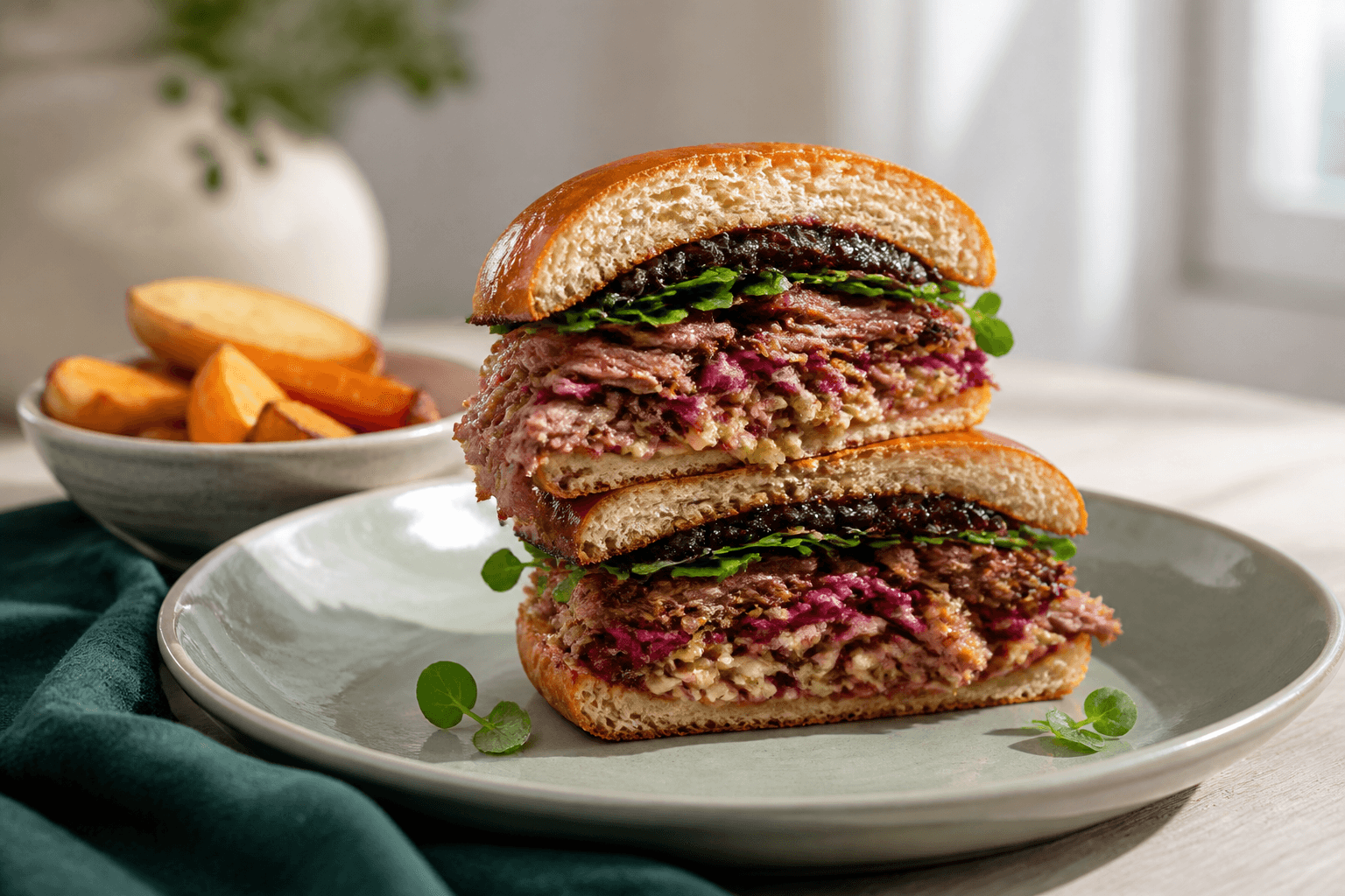 Halveret brioche-andeburger med sprødt plukket andekød, æble-sennepsslaw, syltet rødkål, solbær-løgglace og brøndkarse på salviegrøn tallerken