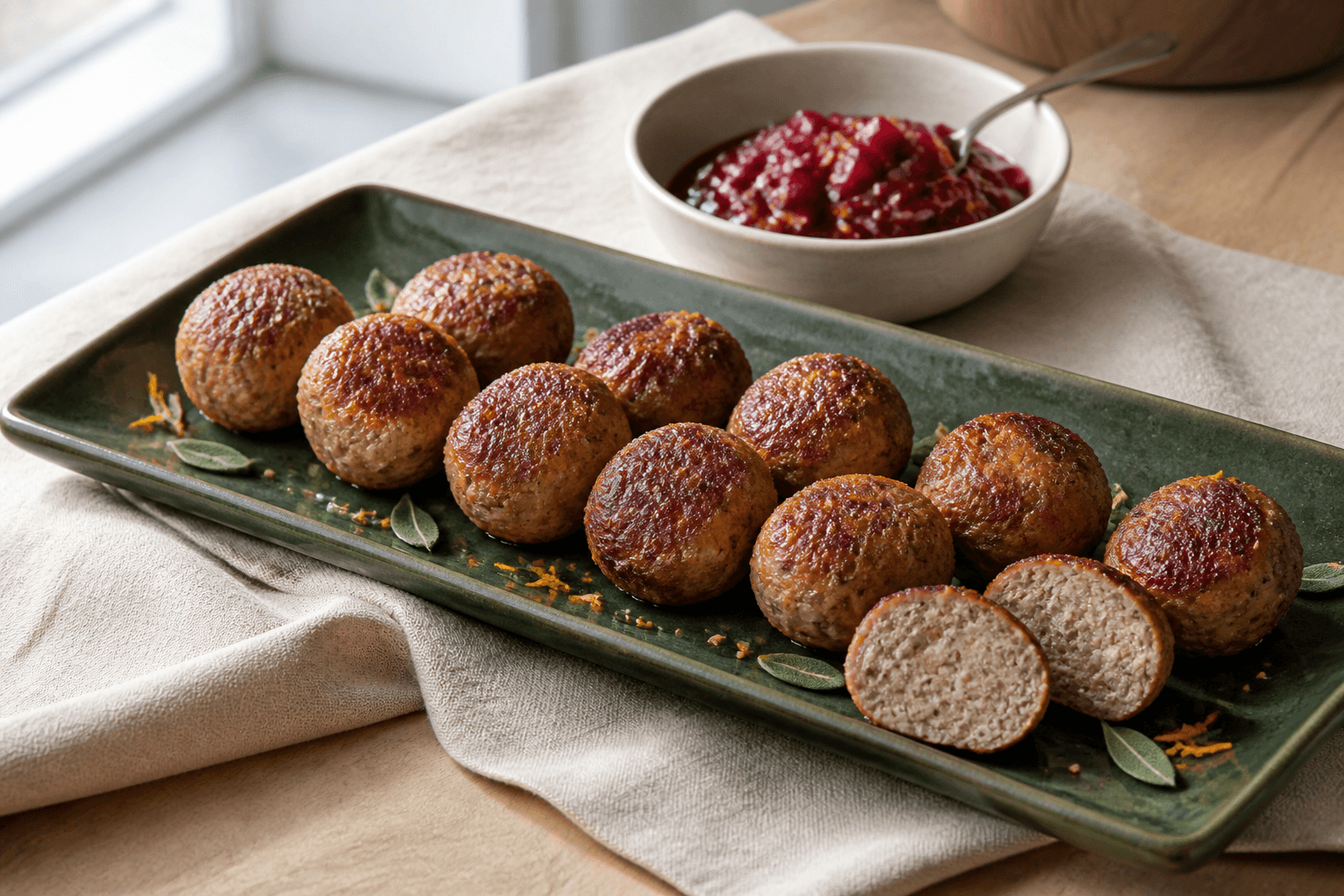 Små ens julefrikadeller med brun sprød overflade, appelsin, salvie og sennepsfrø i to rækker på langt grønt fad med en frikadelle skåret åben