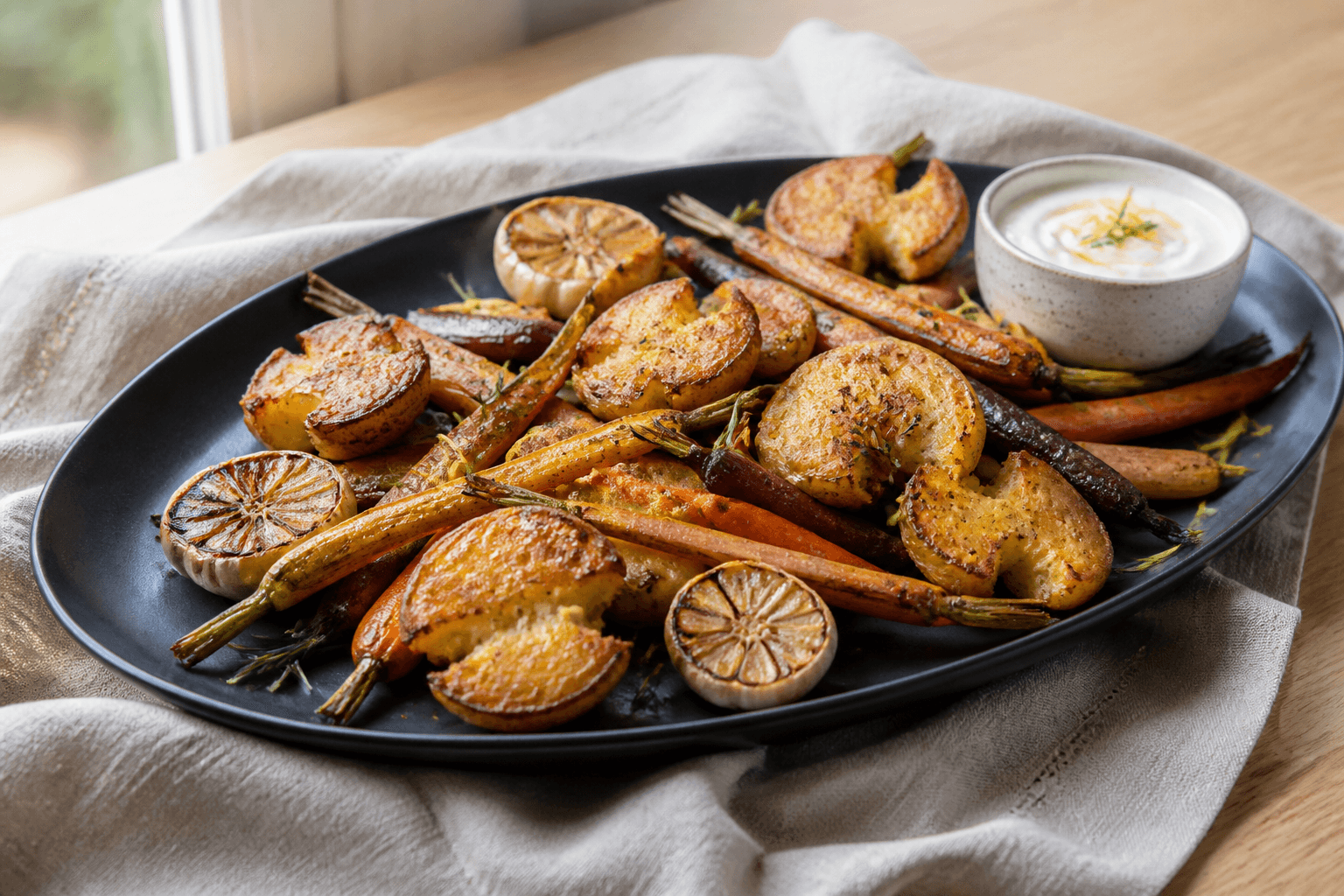 Sprøde knuste kartofler og karamelliserede regnbuegulerødder med bagt hvidløg, rosmarin, citron og citronyoghurt på sort ovalt fad