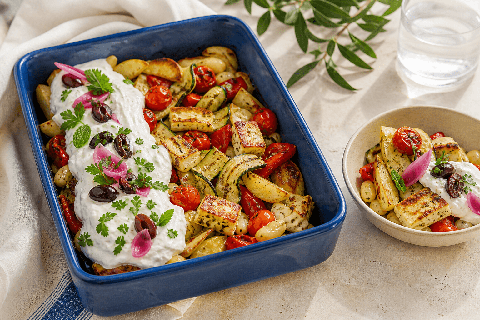 Græsk kartoffelfad med halloumi, butterbeans, courgette, peberfrugt, tomater, oliven, syltet rødløg, urter og pisket fetacreme i blå ovnform