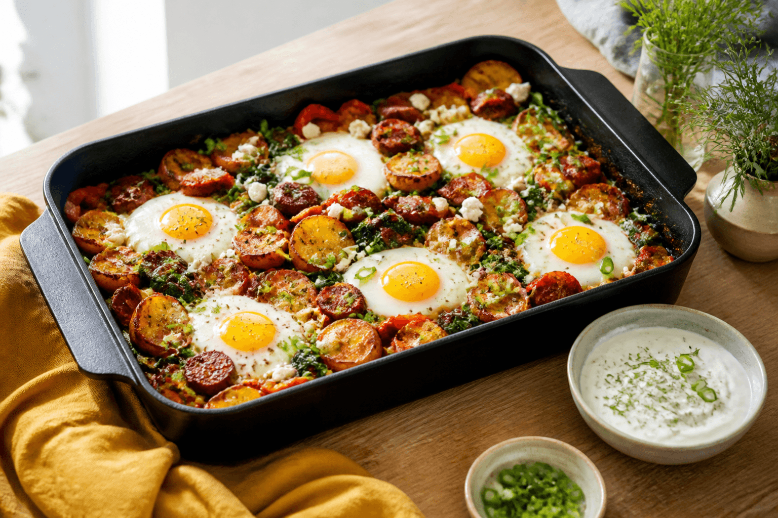 Stort sort brunchfad med sprøde kartoffelskiver, chorizo, spinat, rød peber, bagte æg, feta og forårsløg ved urtesyoghurt