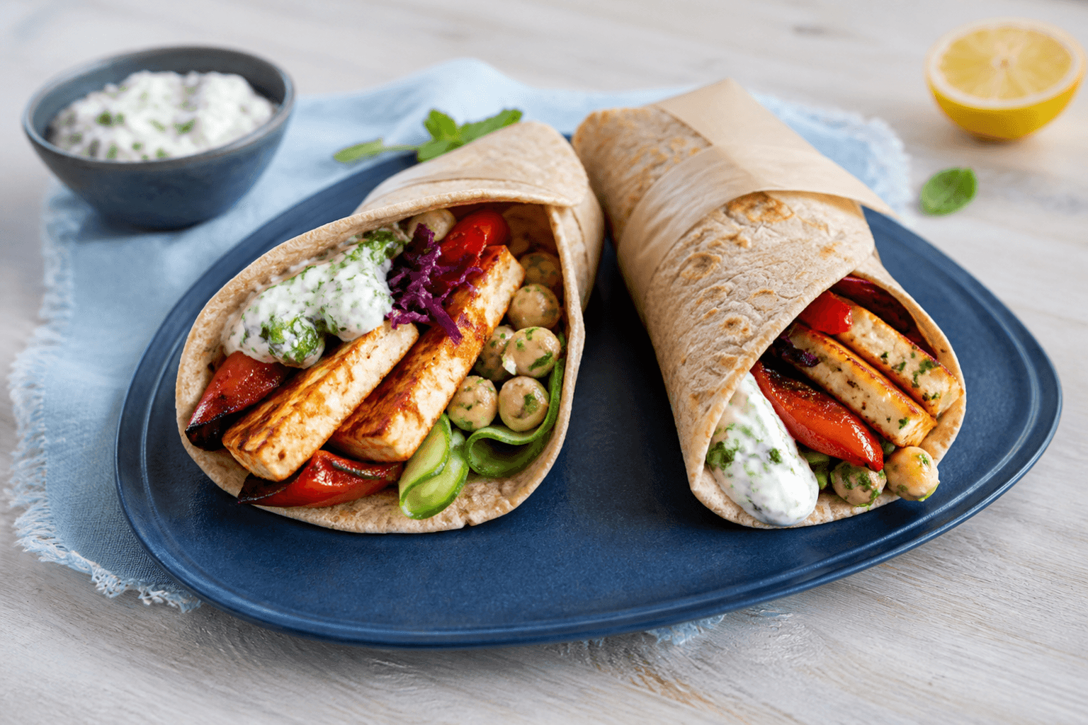 To fuldkornswraps med grillet halloumi, kikærte-urtesalat, grillet rød peber, syltet rødkål, agurkebånd og myntecreme på mørkeblåt fad