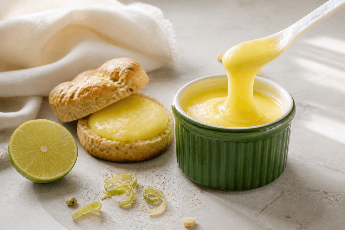 Silkeblød limecurd med ingefær og vanilje i mørkegrøn riflet krukke ved en delt kardemommescone, lime og kandiseret limeskal