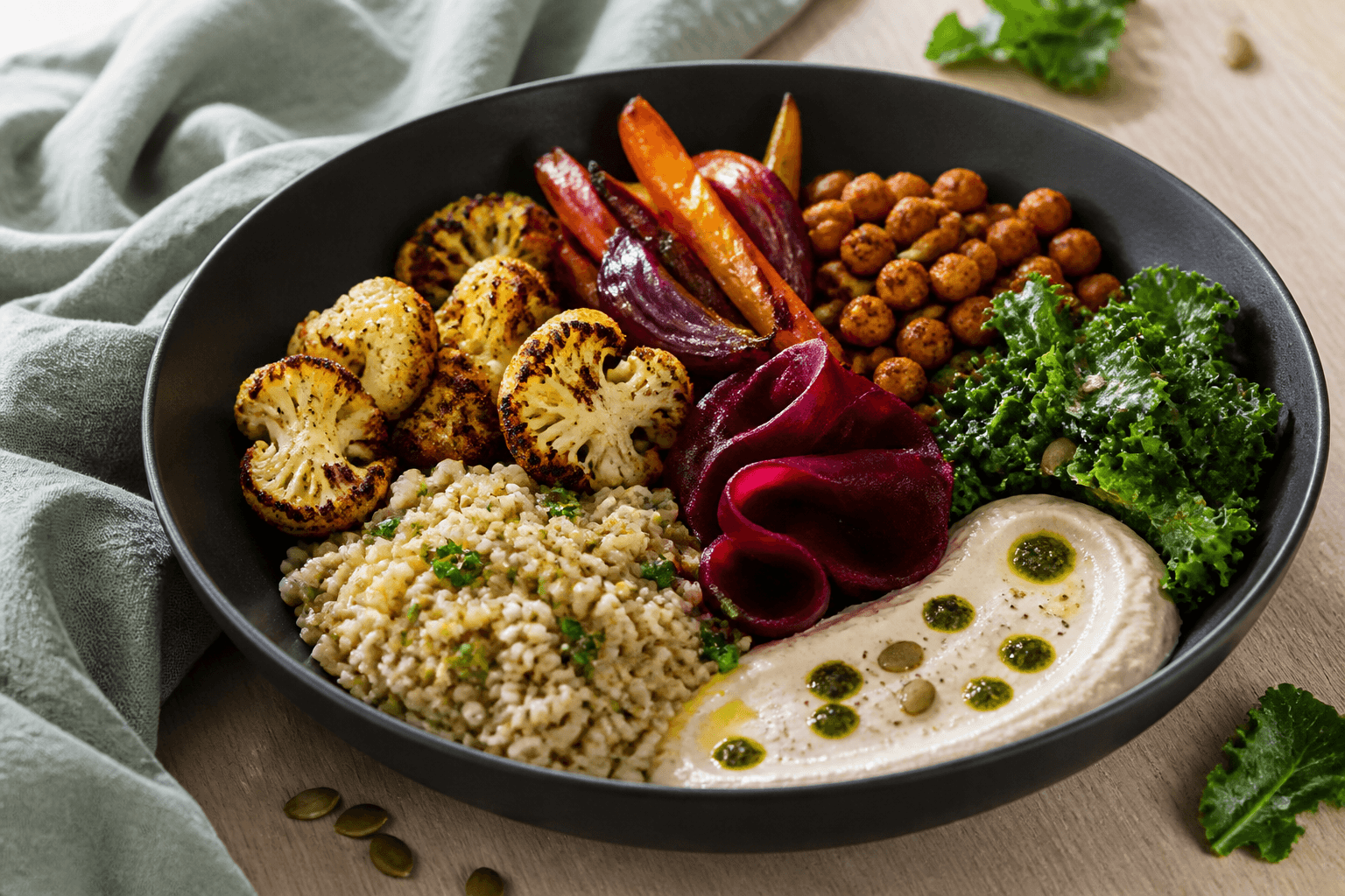 Sort bowl med citron-perlebyg, hvidløgsristet blomkål, regnbuegulerødder, rødløg, sprøde kikærter, grønkål, syltede rødbedebånd og tahincreme