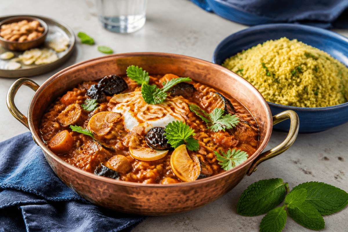 Fyldig marokkansk rød linsegryde med ristet aubergine, gulerødder, kikærter, svesker, syltet citron, mandler, urter og harissayoghurt i kobberfad