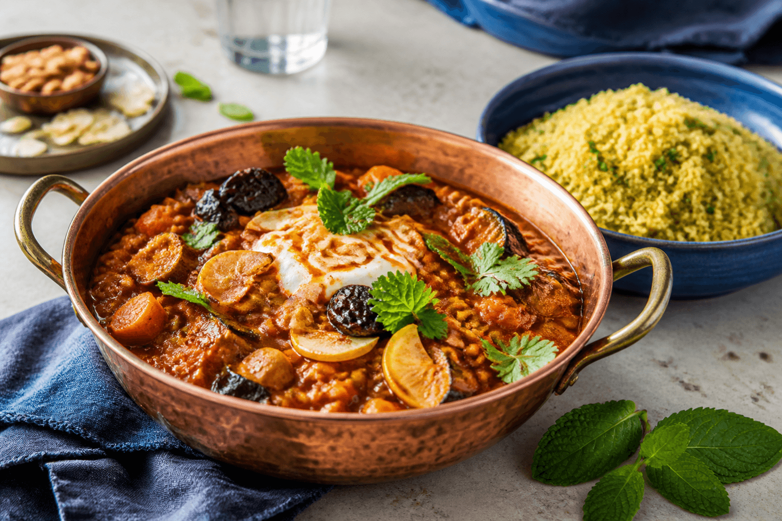 Fyldig marokkansk rød linsegryde med ristet aubergine, gulerødder, kikærter, svesker, syltet citron, mandler, urter og harissayoghurt i kobberfad
