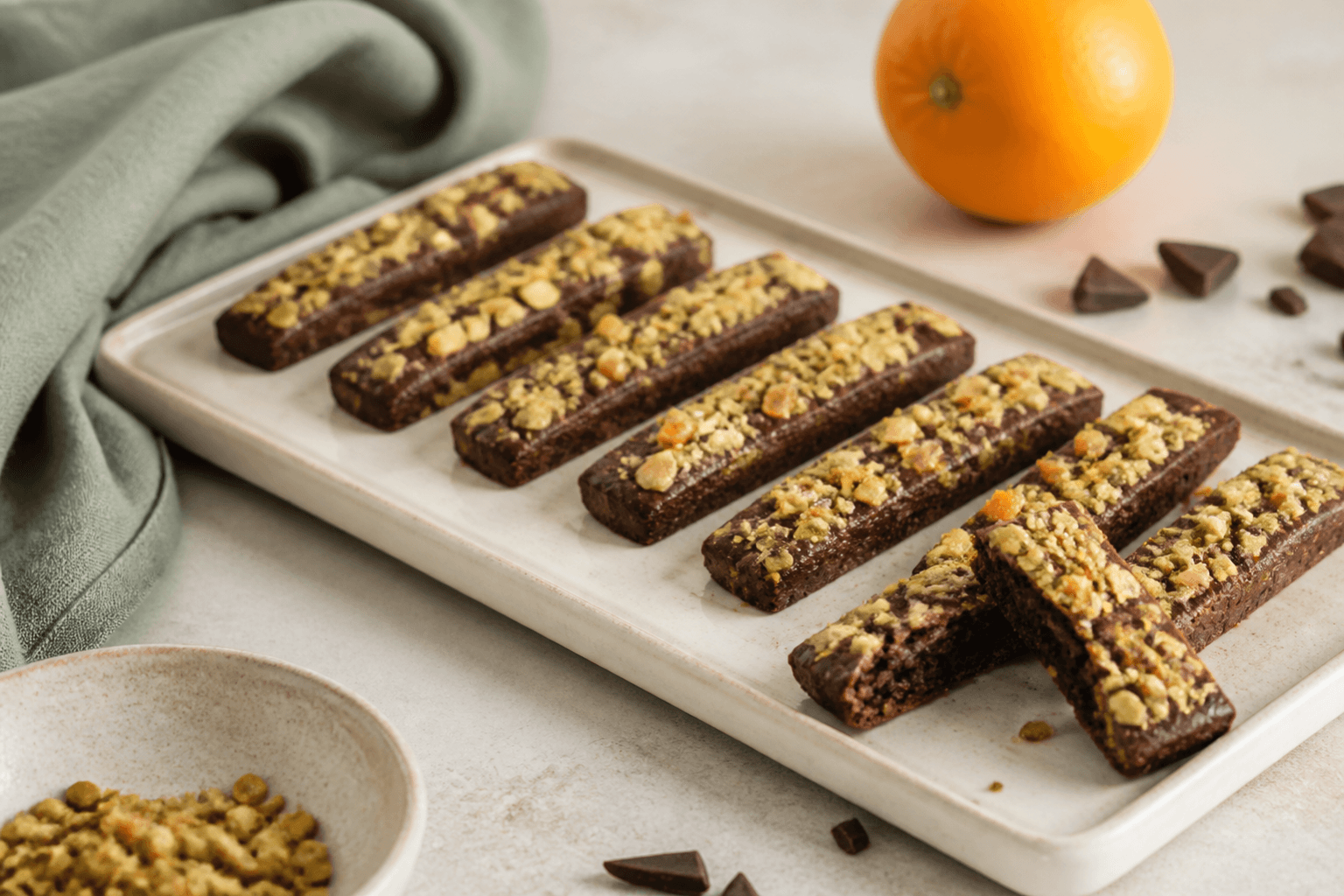 Mørke appelsin-chokoladesnitter med grøn pistacie og kandiseret appelsin på rektangulært cremefarvet fad