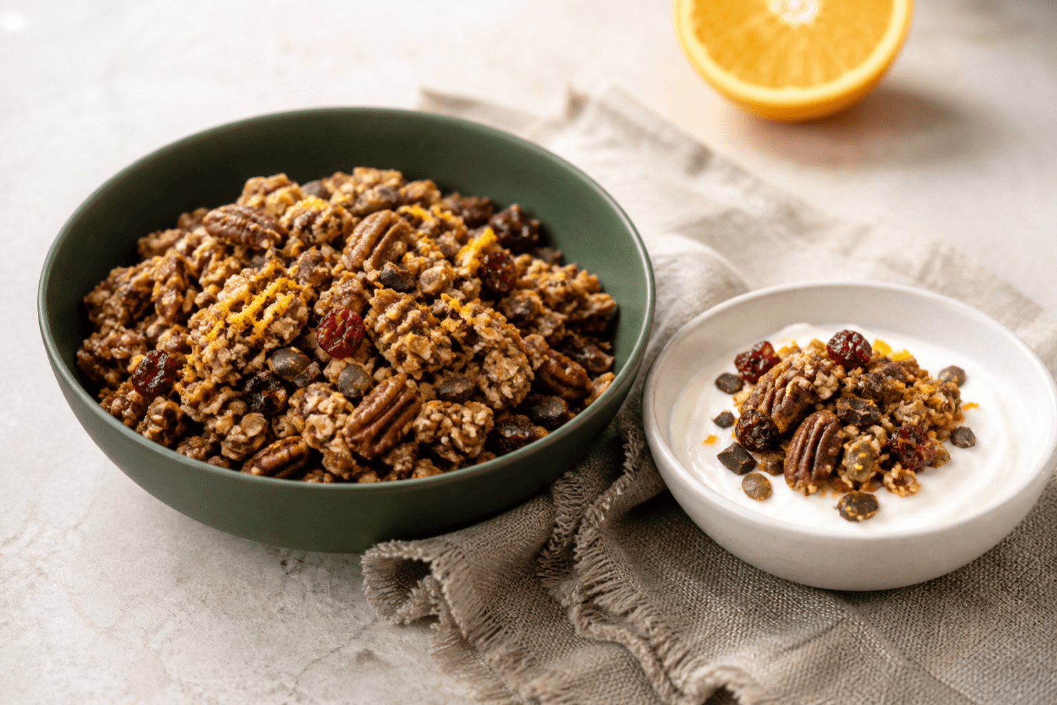 Klumpet julegranola med appelsin, tahin, pekannødder, tranebær, græskarkerner og mørk chokolade i mørkegrøn skål med skyr