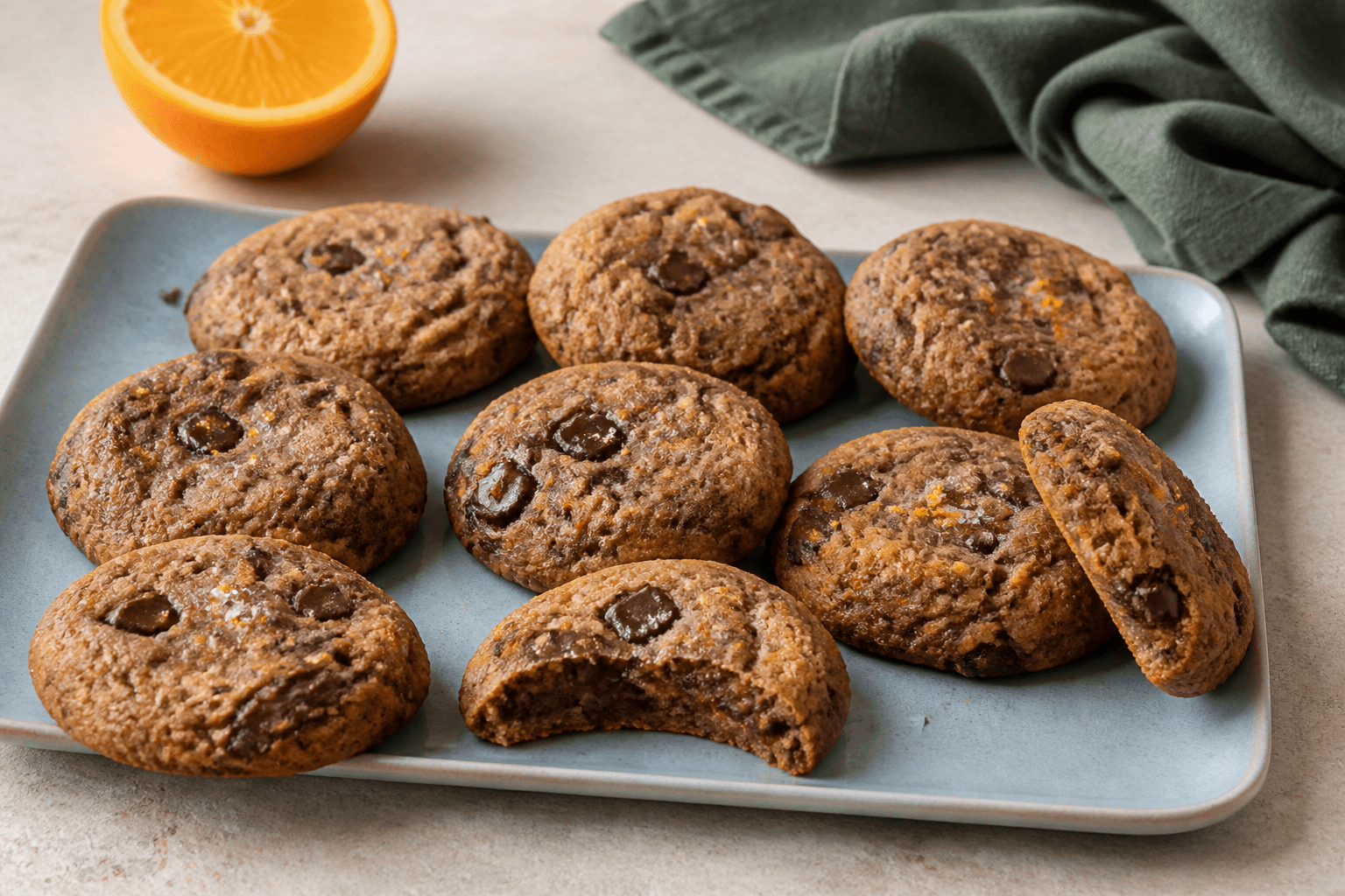 Tykke rustikke choko-orange småkager med mørke chokoladestykker, kandiseret appelsin og havsalt på lyseblåt fad