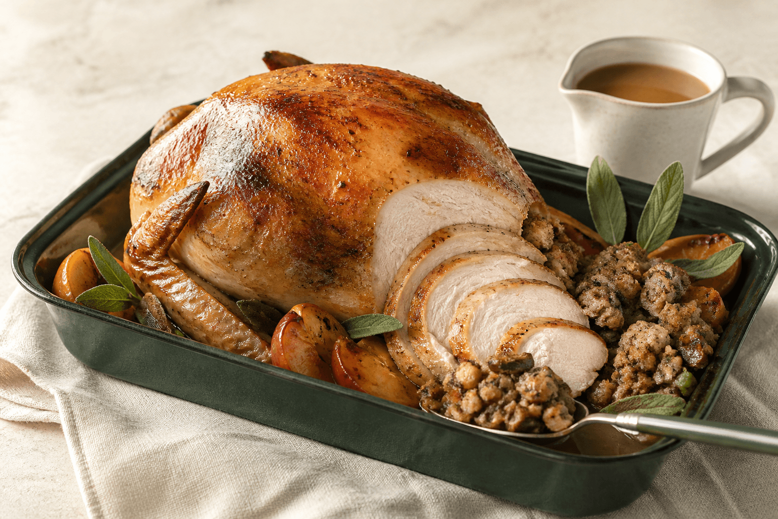 Gylden farseret kalkun med saftige brystskiver, kastanje-svampestuffing, bagte æbler og cidersauce i mørkegrøn bradepande