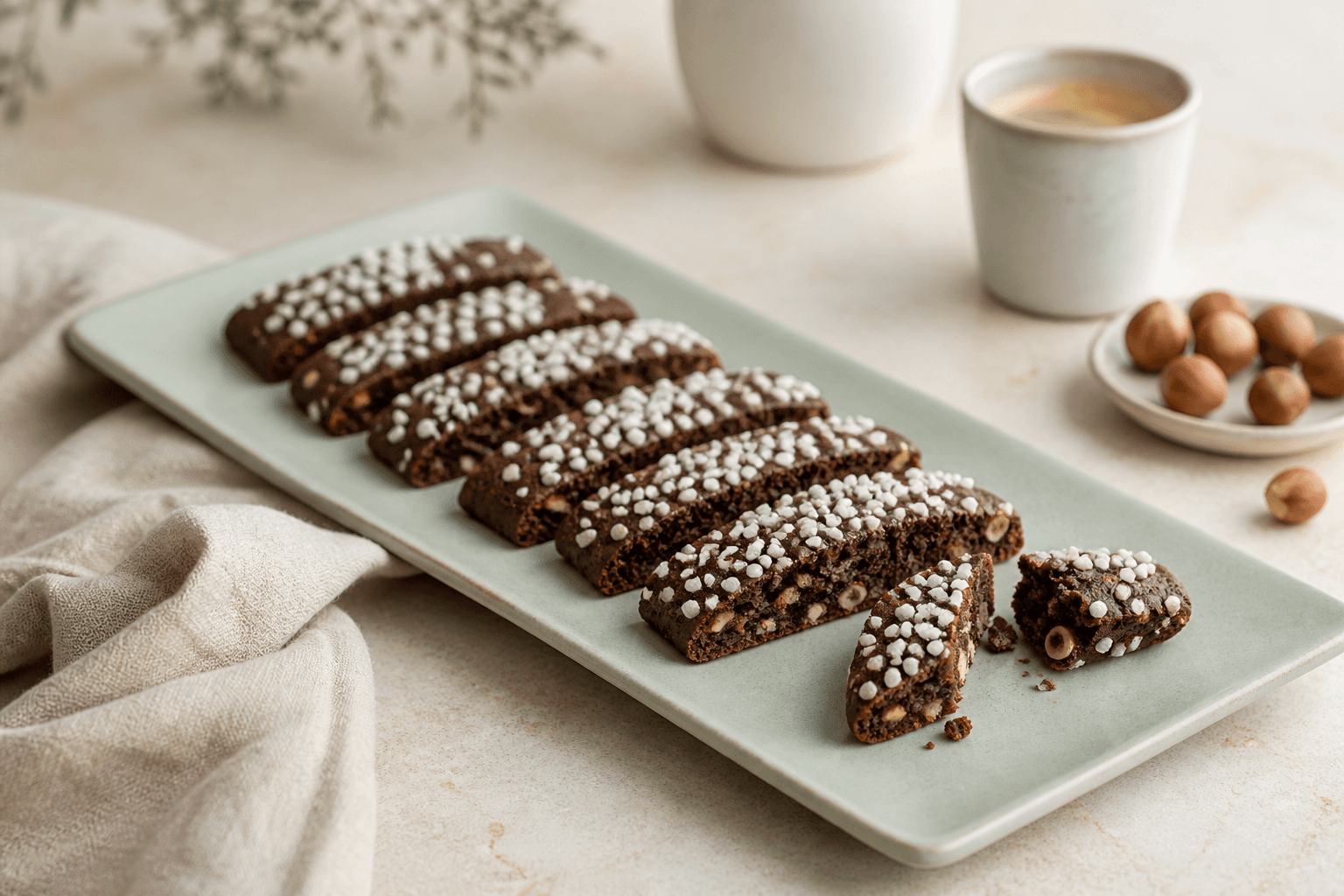 Svenske kakaosnitter med espresso, ristede hasselnødder og perlesukker i to rækker på lysegrønt fad
