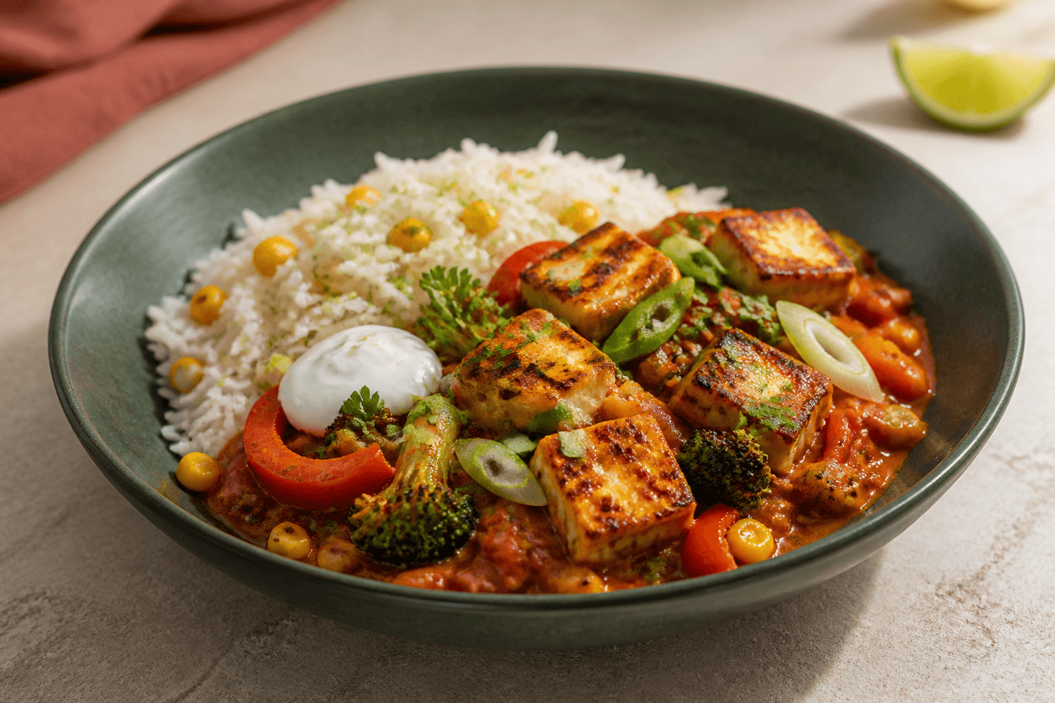 Gylden halloumi med broccoli, peberfrugt og majs i røget cajunsauce ved majs-limeris i mørkegrøn skål