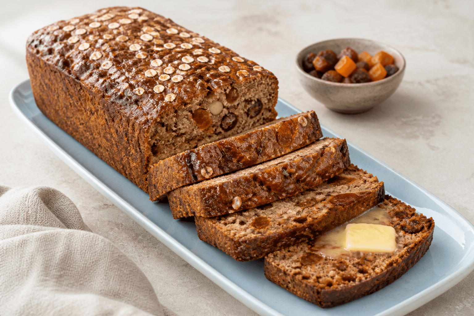 Mørkt saftigt frugtbrød med rug, æble, dadler, abrikoser og valnødder i tykke skiver på lyseblåt fad