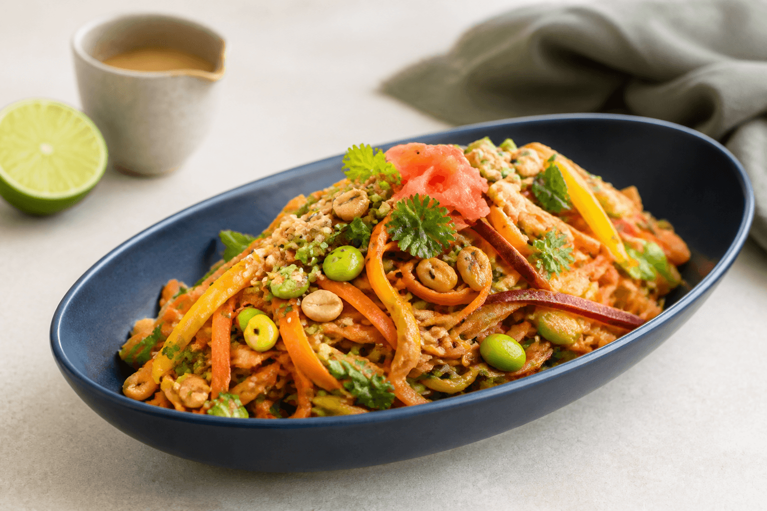 Asiatisk gulerodssalat med lange gulerodsbånd, mango, edamame, urter, peanuts og chili-limedressing i mørkeblå skål