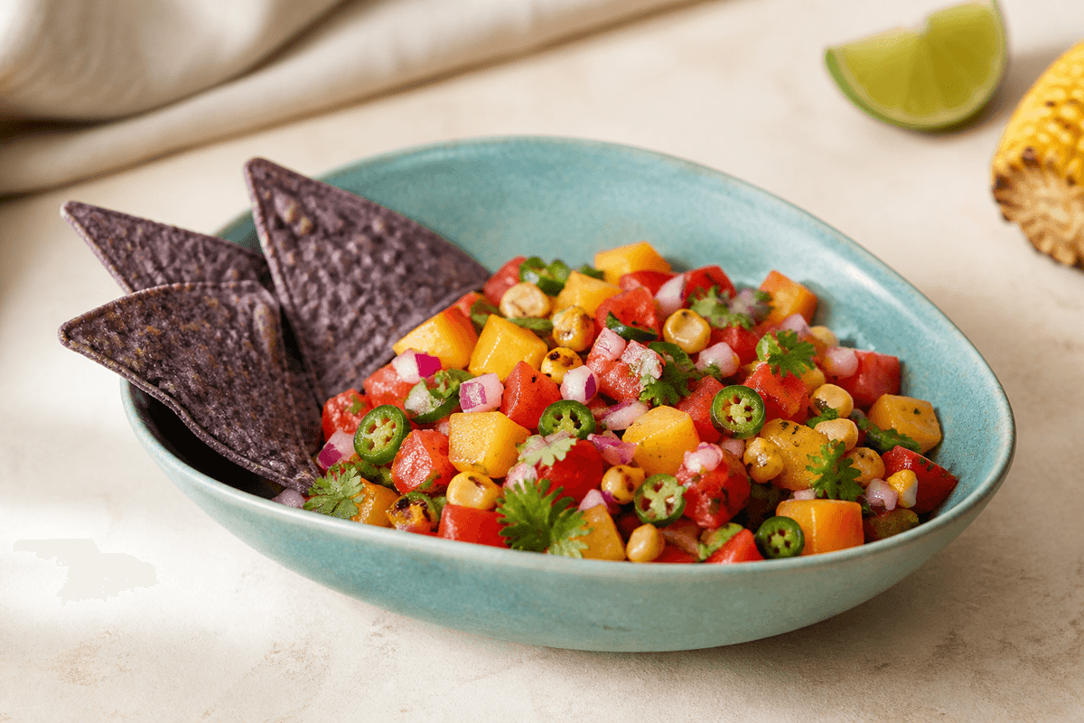 Farverig pico de gallo med røde og gule tomater, grillet majs, fersken, rødløg, jalapeño og koriander i turkis skål