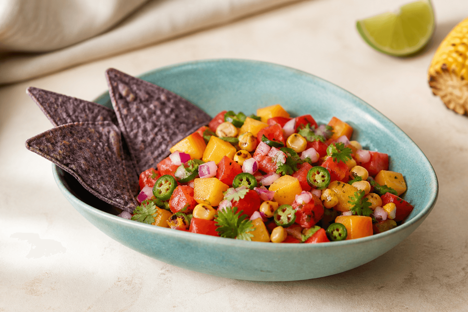 Farverig pico de gallo med røde og gule tomater, grillet majs, fersken, rødløg, jalapeño og koriander i turkis skål