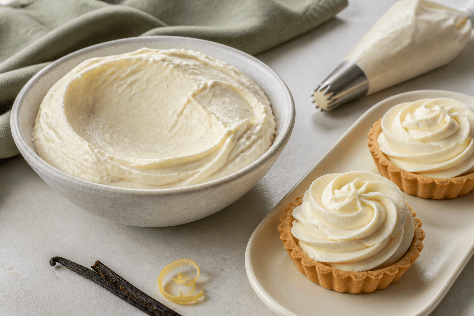Kold luftig konditorcreme med vanilje, mascarpone og citron i varmgrå skål samt sprøjtepose og to små tærteskaller