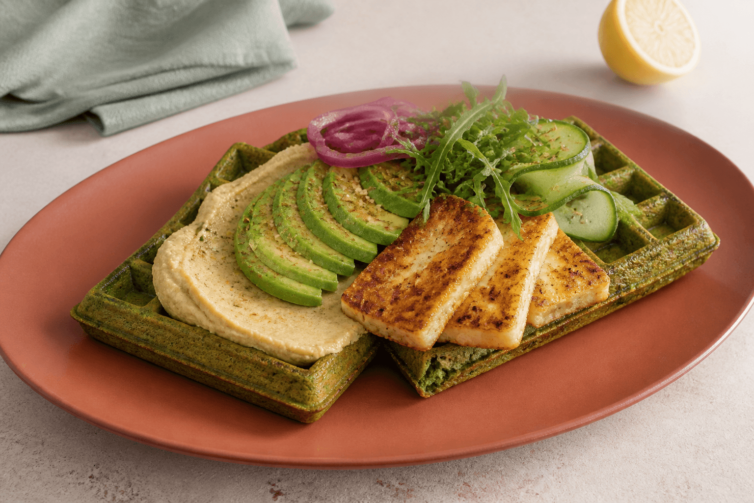 Firkantede grønne spinatmadvafler med citrushummus, avocado, zaatar-halloumi, agurk og syltet rødløg på terrakottafad