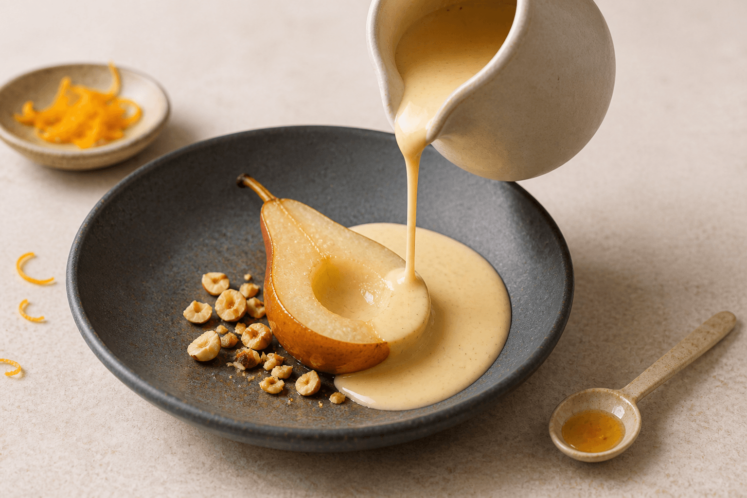 Crème anglaise med vanilje, brunet smør og appelsin hældes over pocheret pære på mørk nordisk tallerken