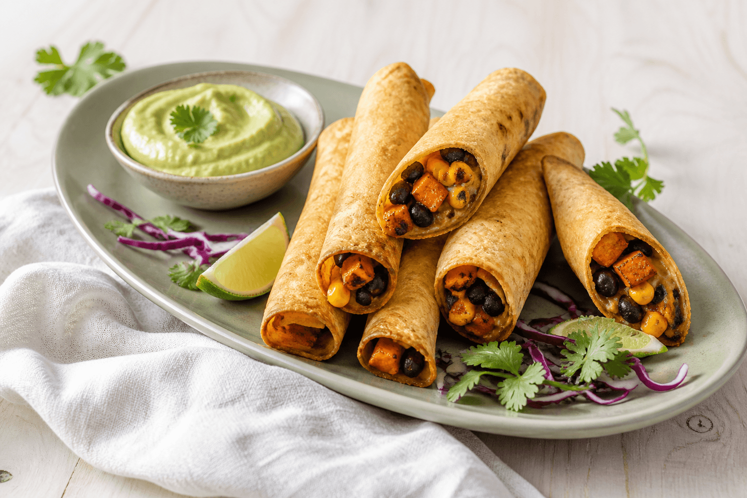 Sprøde vegetar-taquitos med sorte bønner, sød kartoffel og majs på salviegrønt fad med avocadodip