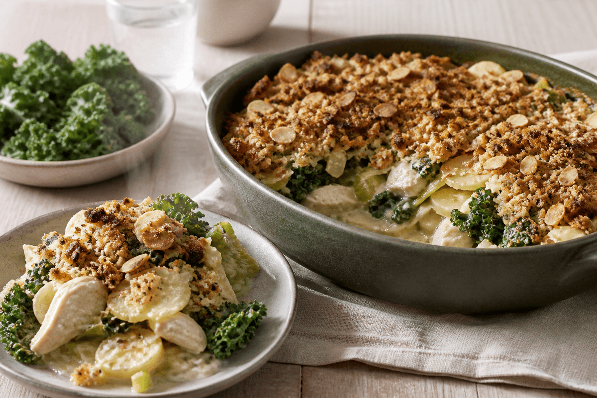 Cremet kyllingegratin med kartoffel, porre, grønkål og gylden rug-mandelcrumble i mørkegrønt fad