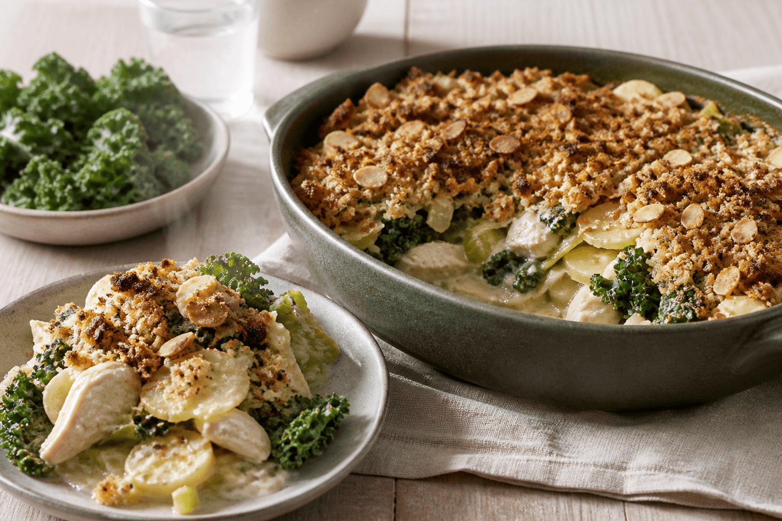 Cremet kyllingegratin med kartoffel, porre, grønkål og gylden rug-mandelcrumble i mørkegrønt fad
