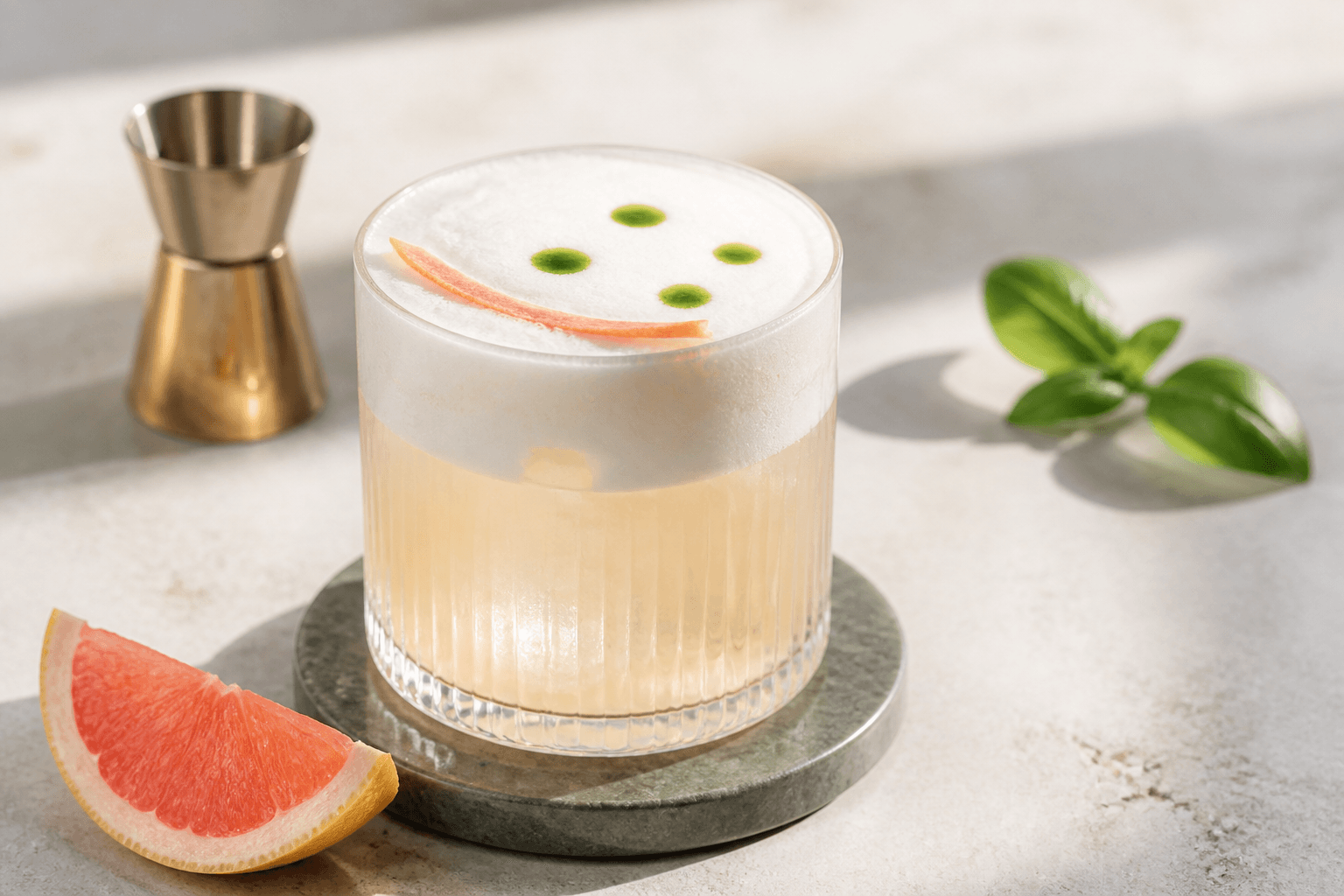 Limoncello sour med pink grapefrugt, basilikum og aquafabaskum i lavt rillet glas på grøn stenbrik