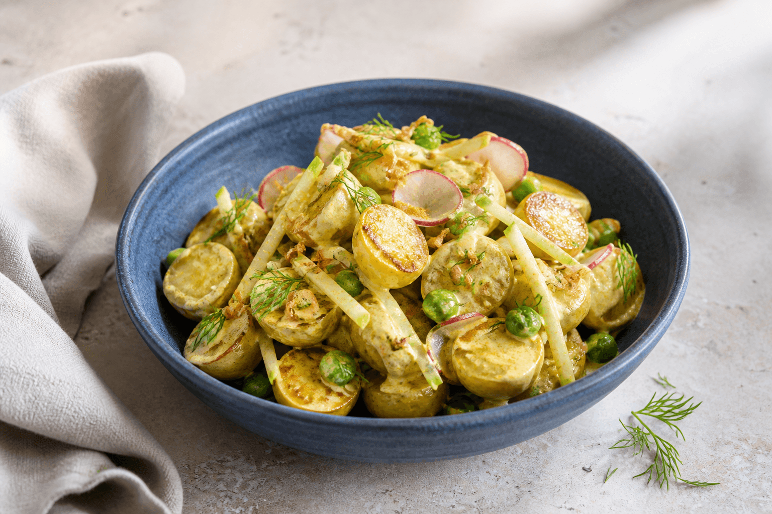 Ristet karry-kartoffelsalat med grønne æbler, ærter, radiser, dild og sprøde skalotteløg i mørkeblå skål
