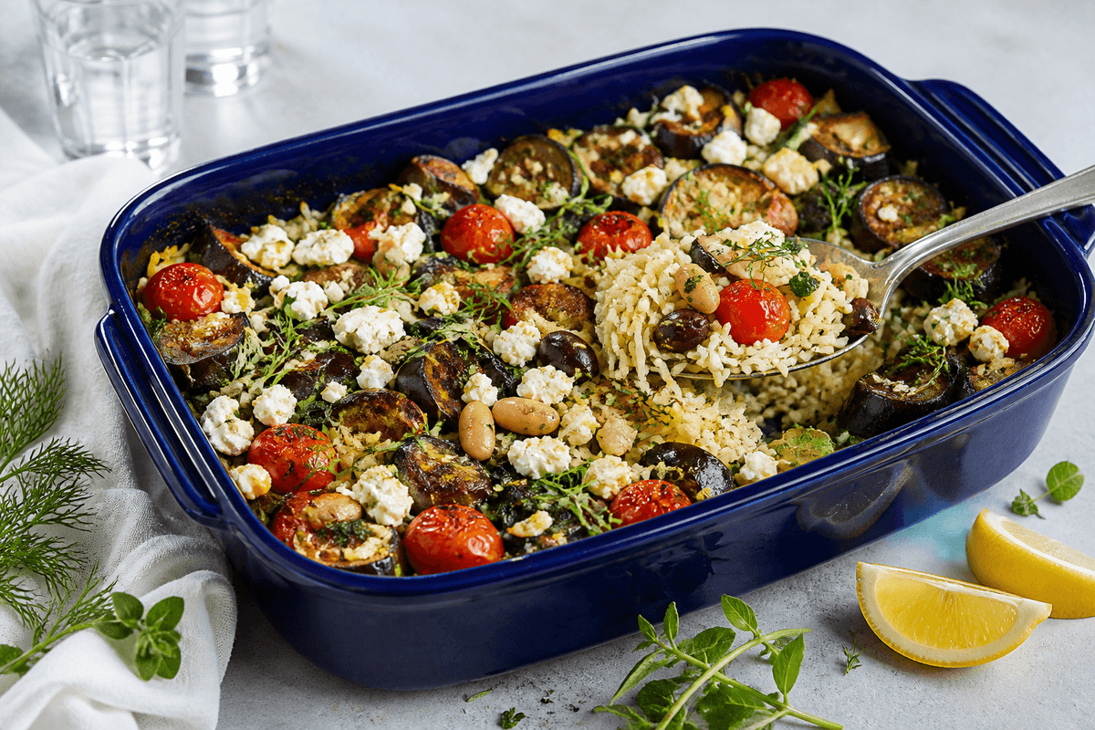 Græsk citronris med aubergine, butterbeans, spinat, bagte tomater, oliven og feta i dyb blå keramikform