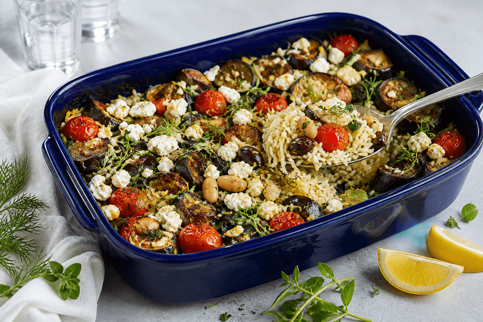 Græsk citronris med aubergine, butterbeans, spinat, bagte tomater, oliven og feta i dyb blå keramikform