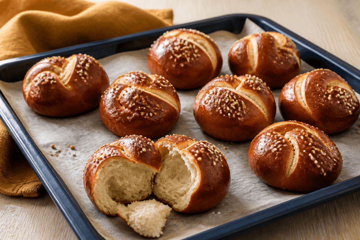 Otte mørke malt-pretzelknuder med lyse snit, sennepsfrø, sesam og flagesalt på mørkeblå emaljeplade