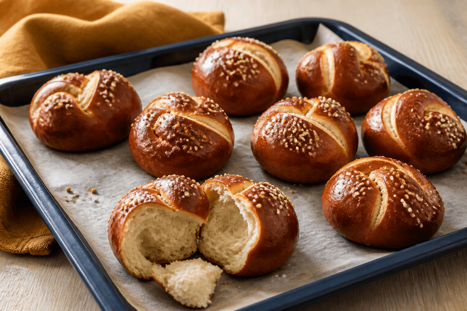 Otte mørke malt-pretzelknuder med lyse snit, sennepsfrø, sesam og flagesalt på mørkeblå emaljeplade