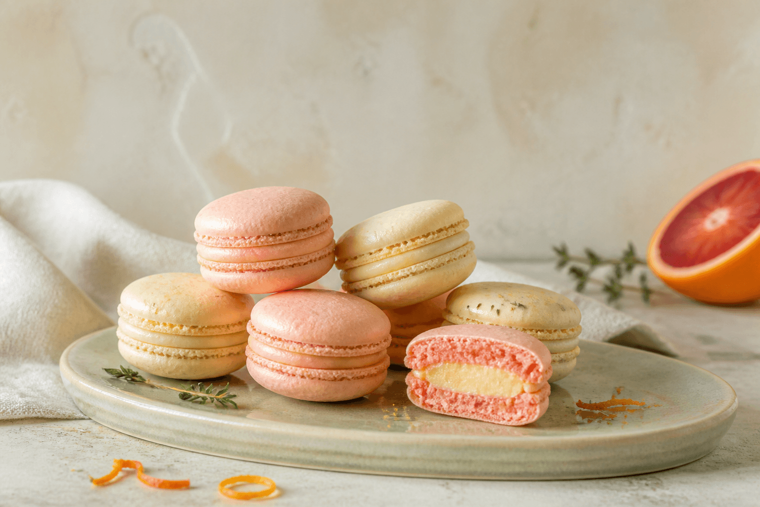 Blushfarvede blodappelsinmacarons og lyse citron-timianmacarons på et ovalt salviegrønt keramikfad