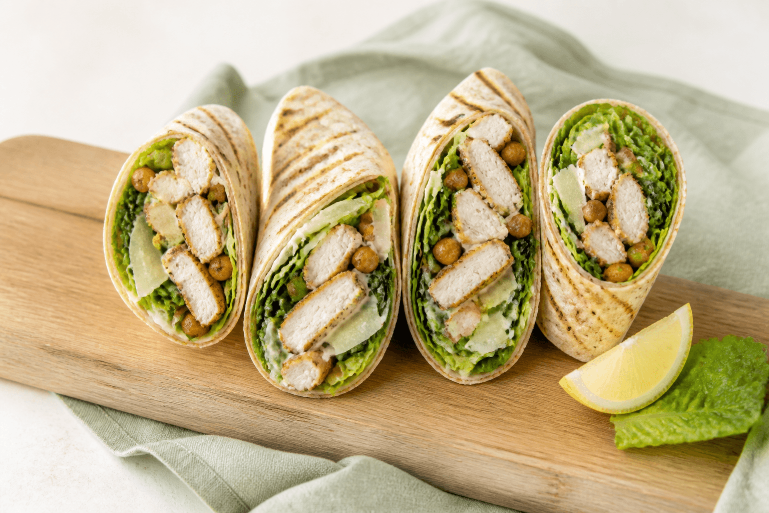 Fire halve grillede fuldkornscæsarwraps med citronkylling, romaine, grønkål, parmesan, dressing og ristede kikærter på egetræsbræt