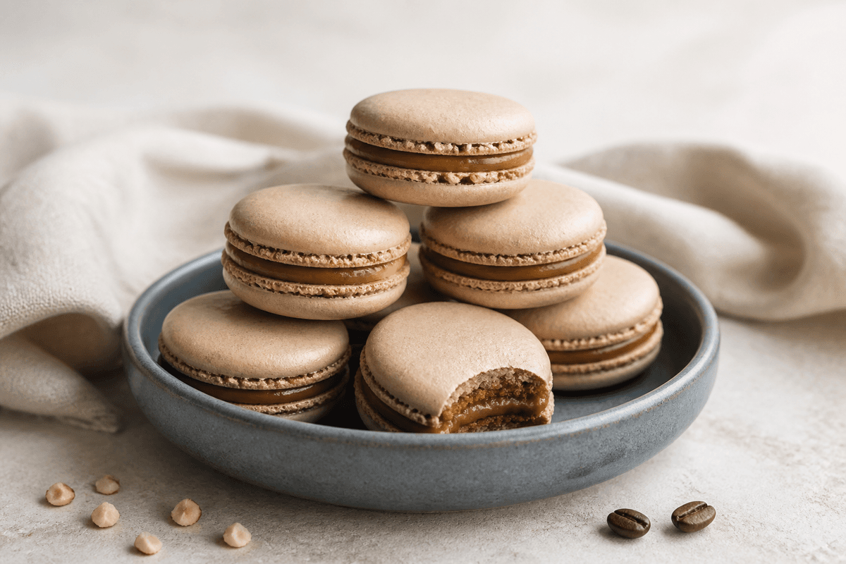 Kaffemacarons med brunet smørkaramel og hasselnød i en støvet blå skål på lys nordisk bordplade