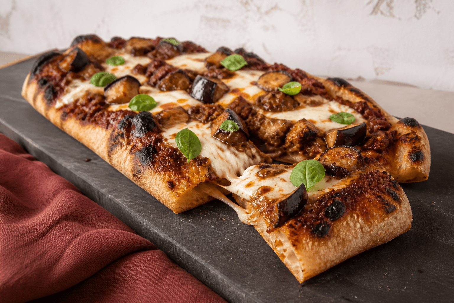 Aflang pizza bolo med okseragù, aubergine, fior di latte og basilikum-chiliolie på mørkt serveringsbræt