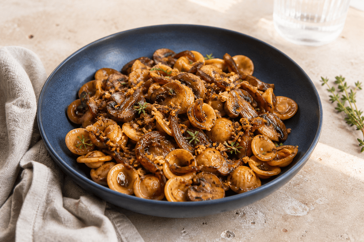 Blank one-pot french onion pasta med orecchiette, karamelliserede løg, svampe, gruyère og rugbrødsknas i mørkeblå skål