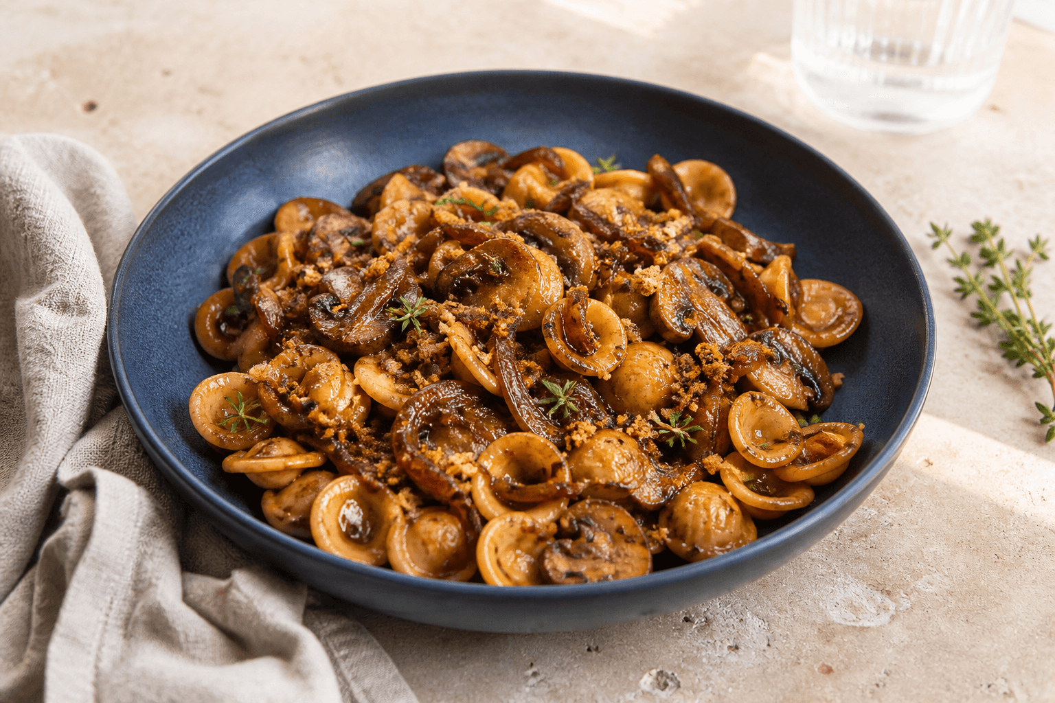 Blank one-pot french onion pasta med orecchiette, karamelliserede løg, svampe, gruyère og rugbrødsknas i mørkeblå skål