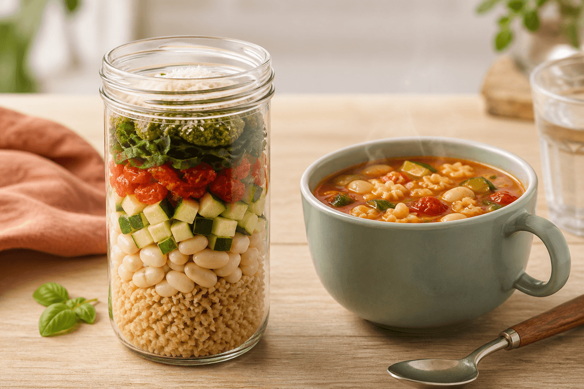 Kopnudler minestrone i glas med pastastjerner, hvide bønner, squash, tomat, spinat og basilikumpesto ved siden af færdig varm suppe