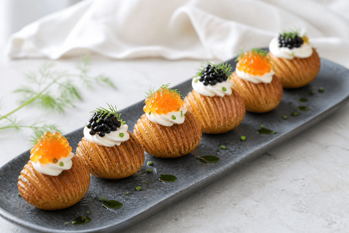 Sprøde mini-hasselbackkartofler med røget kartoffelcreme, sort caviar, orange ørredrogn, dild og purløgsolie på mørkt fad