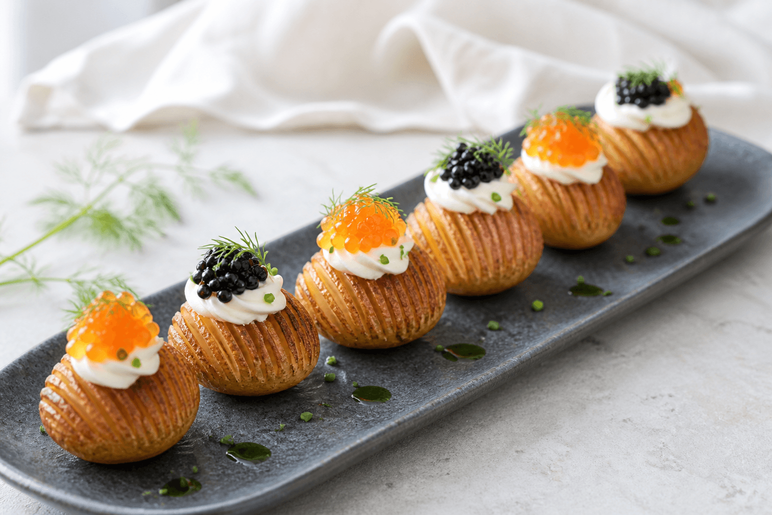 Sprøde mini-hasselbackkartofler med røget kartoffelcreme, sort caviar, orange ørredrogn, dild og purløgsolie på mørkt fad