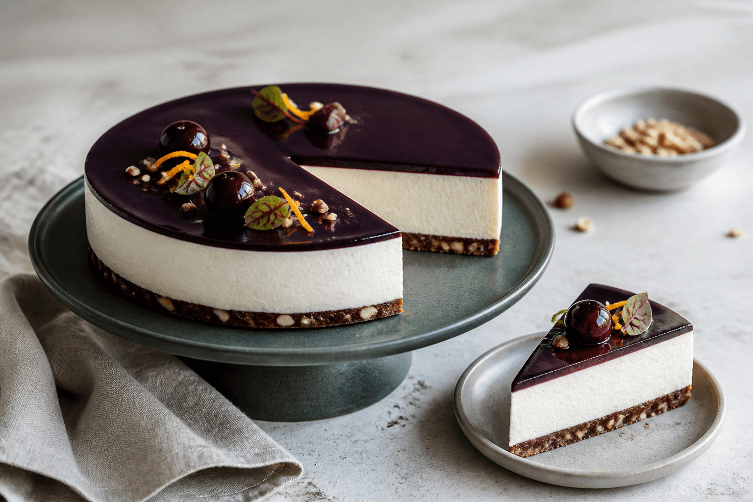 Hel julecheesecake med mørk rug-hasselnøddebund, vanilje-appelsincreme og blank solbærgelé på mosgrønt kagefad med et udskåret stykke