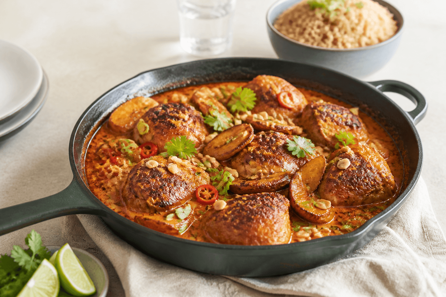 Flyvende Jacob med brunede kyllingelår, karamelliseret banan, rød karry-kokossauce, peanut-limeknas og koriander i grøn støbejernspande