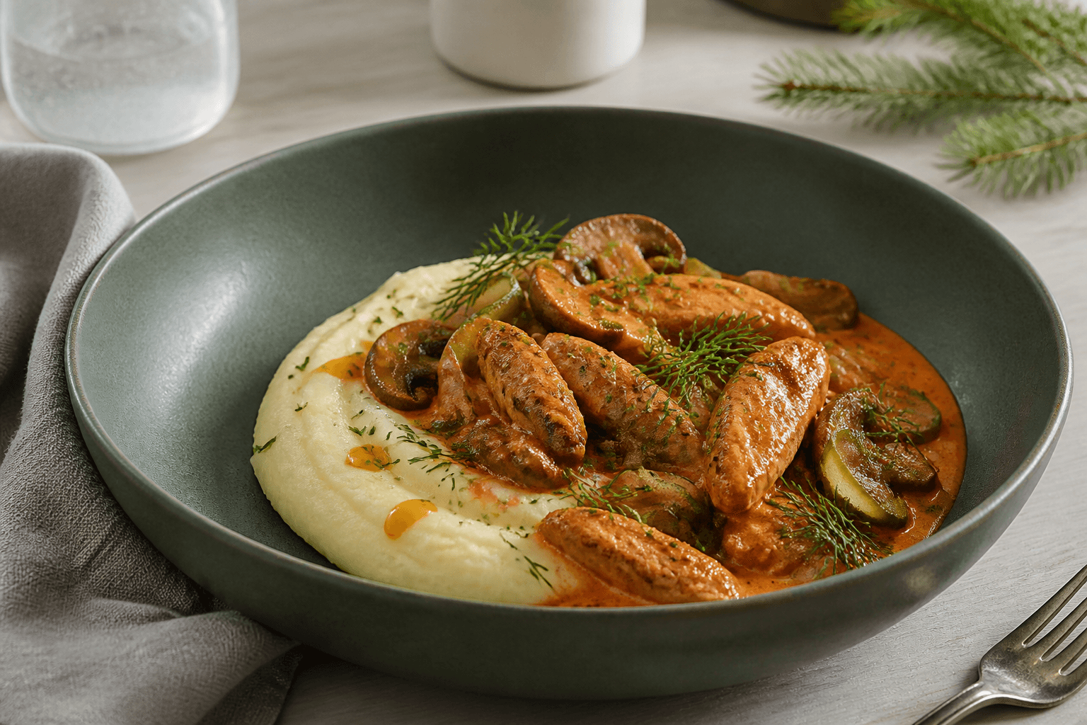 Kylling stroganoff med brunede kyllingelårstrimler, svampe, cornichoner og paprika-cremefraichesauce ved siden af kartoffel-pastinakmos i mørkegrøn skål